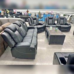 3 Pieces Black Breathing Leather Recliner Sofa Set