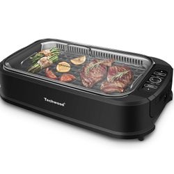 Indoor Grill, Techwood 1500W Smokeless Electric Grill with Tempered Glass Lid, Compact & Portable Non-Stick BBQ Grill with 6-Level Control, Dishwasher