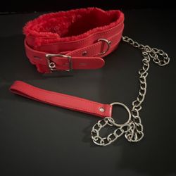 Red Faux Leather Collar with Chain Leash