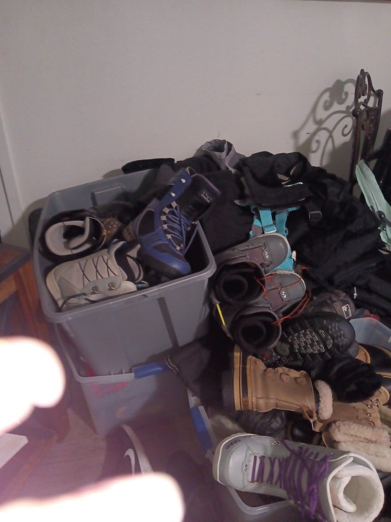 Tons Of Snowboarding Stuff Snowboarding Boots Snow Boots Snowboarding Pants Bibs Jackets And One Snowboard With Bindings Available