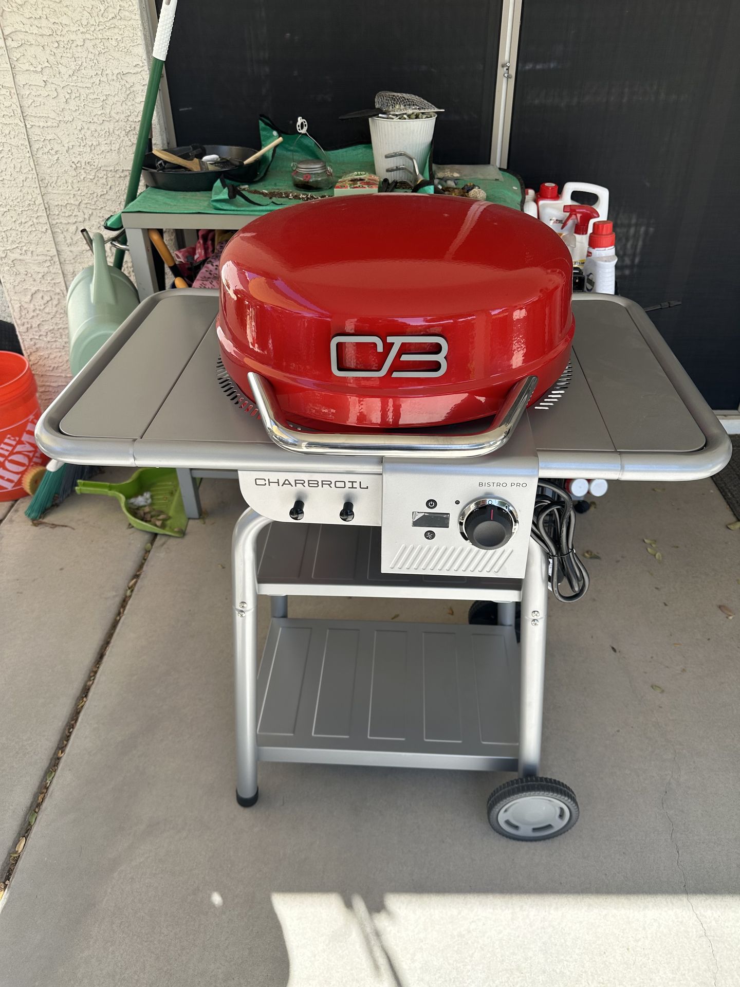 Charbroil 3-in-1 Dual Fuel Outdoor Bistro Pro Electric Grill & Griddle + Charcoal Mode BBQ, Red