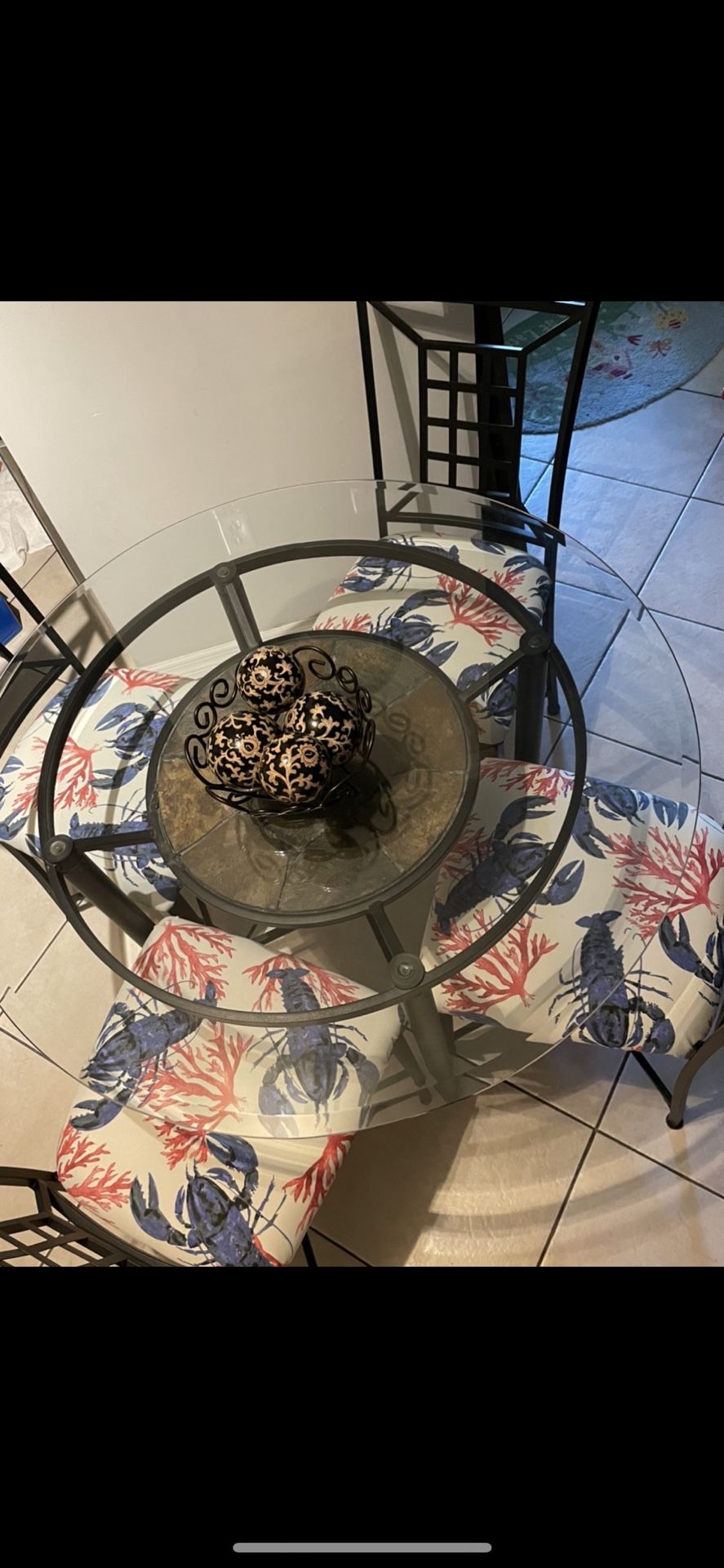 Round Glass Table With Four Chairs, Black Metal