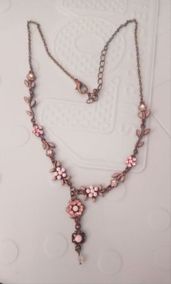 Copper Floral Pendant Necklace with Pink Crystals