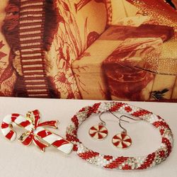 #1967, PRECIOUS VTG CHRISTMAS SET, CANDY CANE BROOCH EARRINGS,  BRACELET
