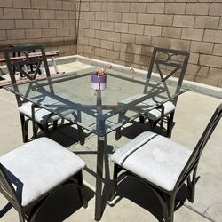 Glass & Metal Table With 4 Upholstered Chairs 