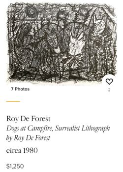 Artwork" Dogs at Campfire" (circa 1980), a prominent lithograph by Roy De Forest
