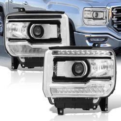 2014 - 2019 GMC Sierra 1500 Sierra 2500HD Sierra 3500HD LED DRL Bar Factory Projector Headlights Black Housing Halogen Models Only 14 - 19