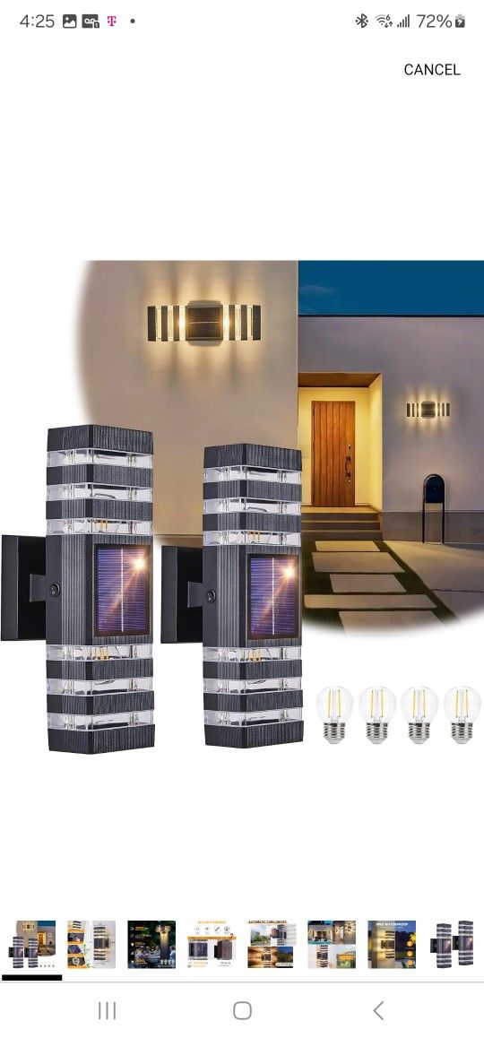 2 Pack Solar Outdoor Wall Light with 4 Free 4w Bulbs 3000K Dusk to Dawn Solar