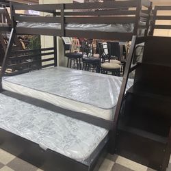 NEW TWIN PVER FULL BUNK BED WITH TRUNDLE BED AND NEW MATTRESS INCLUDED