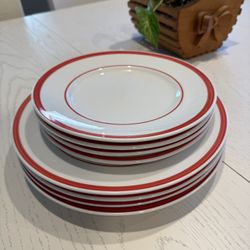 white with red rim dinner plates