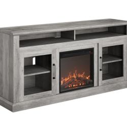 Light Gray Wood Entertainment Center With Heater And Faux Fireplace