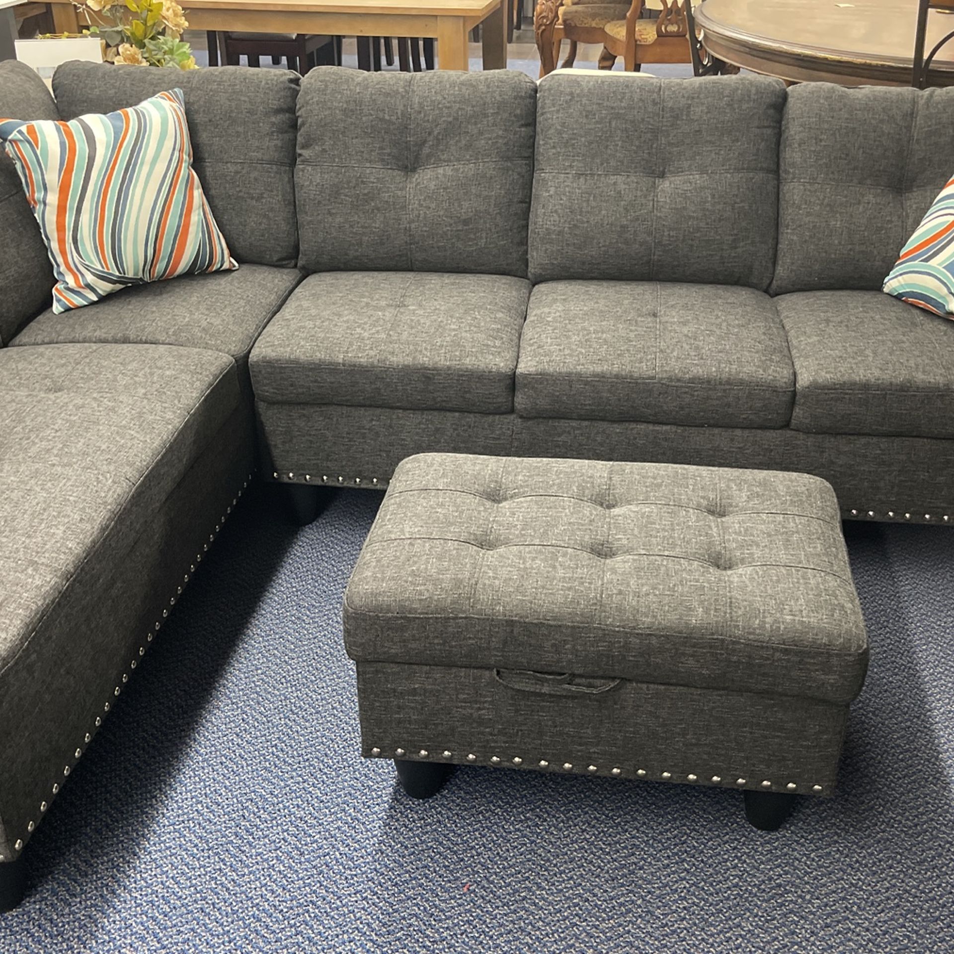 Dark Grey Color Sectional W/drop Cup Holder And Storage Ottoman