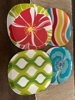 Colorful Floral & Stripe Melamine Plate Set - Multi