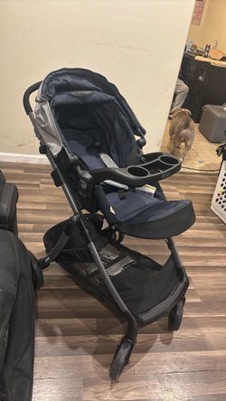 Black and gray stroller and car seat