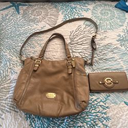 Michael Kors, beige purse, and wallet