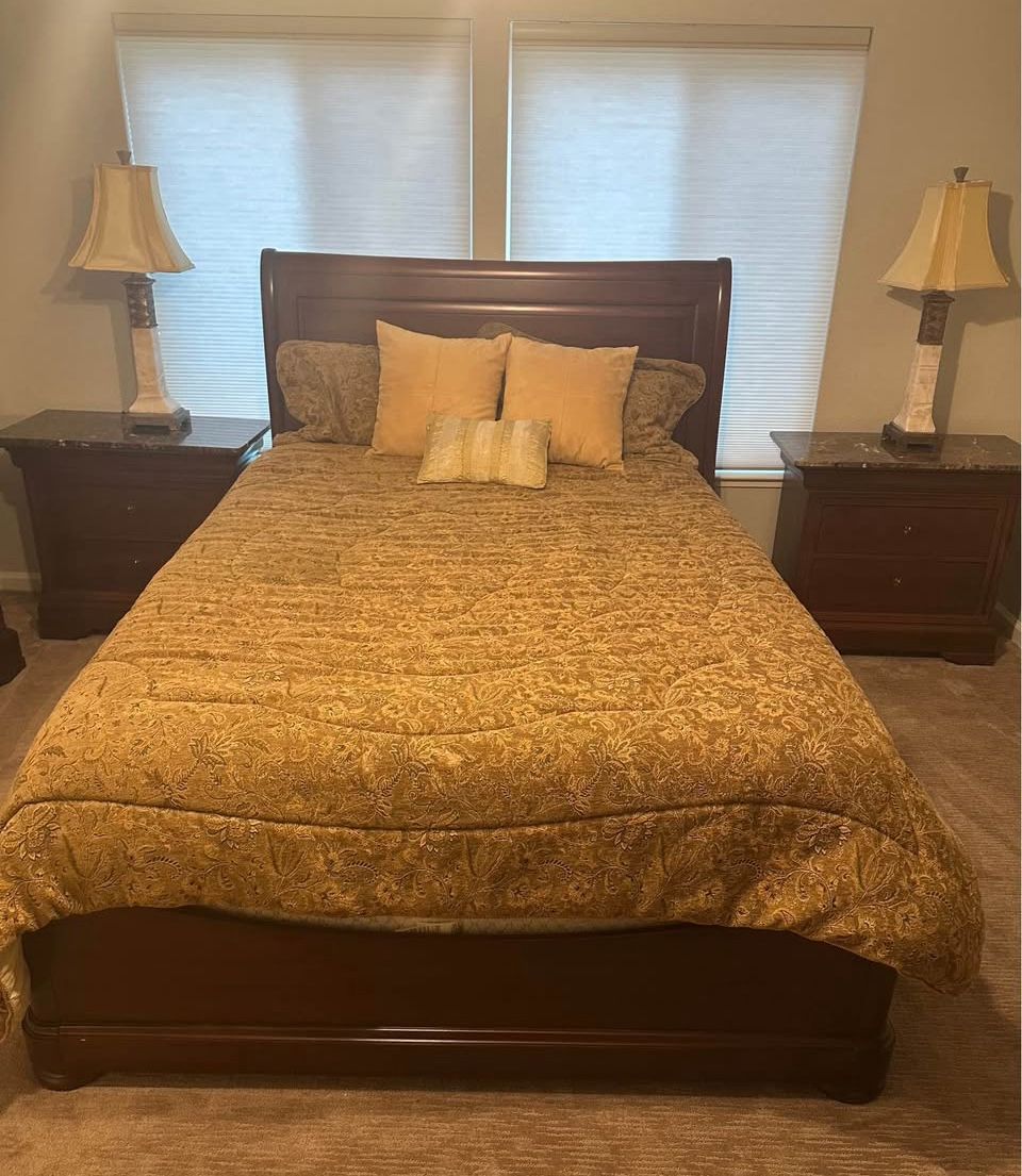 Queen  Bedroom Set. Queen Bed frame, 2 Night Stands W Marble Tops, 1 Double Chest Of Drawers, 1  Armoire, 6 Drawer Lingerie Chest, Delivery Available 