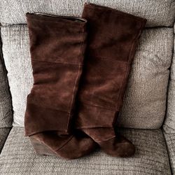 🍂 Sarah Brown Leather Wedge Heels Round Toe Double Zipper Knee High Boots Size 8