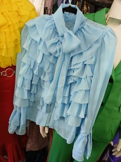 Light Blue Ruffle Chiffon Bow Blouse