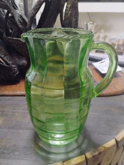 Hocking Vintage Block Optic Green Depression Glass Pitcher Vaseline 54oz 8 1/4