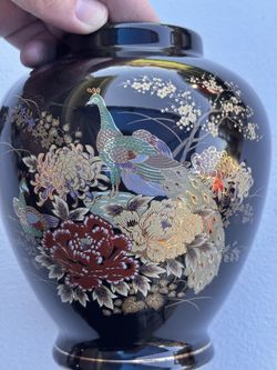 Vintage Beautiful Japan Peacock And Floral Ginger Jar Black With Gold Trim