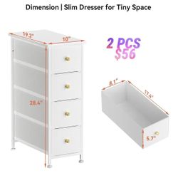 🥨2Pcs Narrow Dresser Storage Tower with 4 Drawers, Slim Dresser Chest of Drawers with Steel Frame, Wood Top, Golden Knobs, for Bedroom, Bathroom