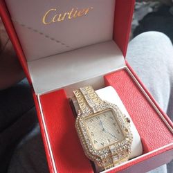 MOISSANITE Cartier Santos moissanite Bezel Quartz Square Gold-Tone Bracelet w/ Box