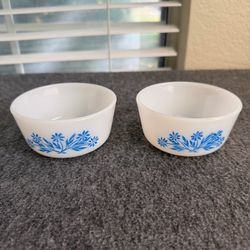 Vintage Fire-King Blue Floral Milk Glass Custard Bowls Set of 2