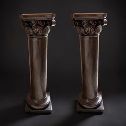 Pair of Vintage Hand Carved Wood Corinthian Columns Pedestal Stands