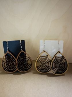 Wooden Web Halloween Earrings Dangle 