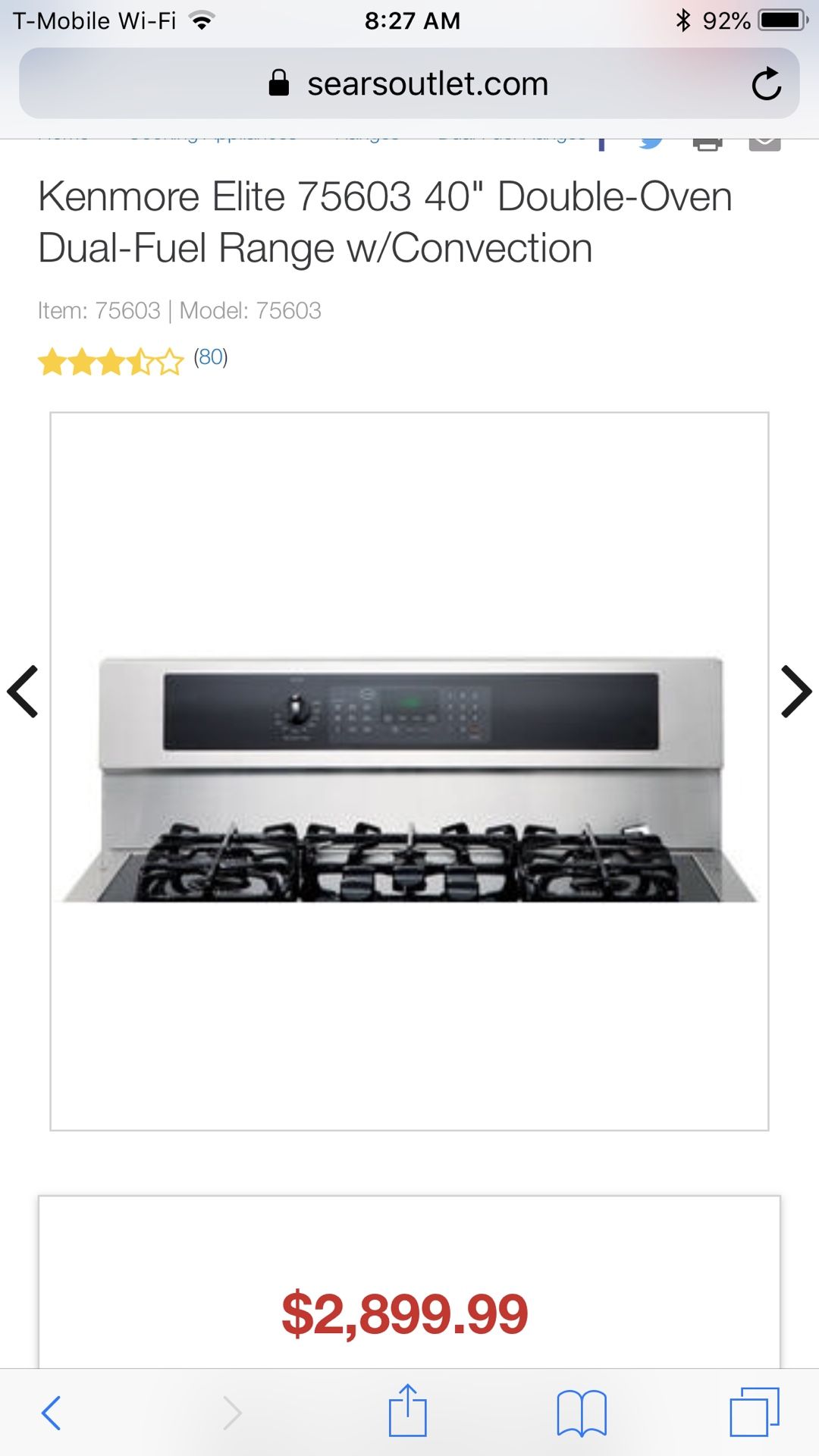 Kenmore Elite Stove Commercial 75603 40" DoubleOven DualFuel Range w