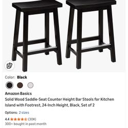 Amazon Basics Solid Wood Saddle-Seat Counter Height Bar Stools for Kitchen Island with Footrest, 24-Inch Height, Black, Set of 2