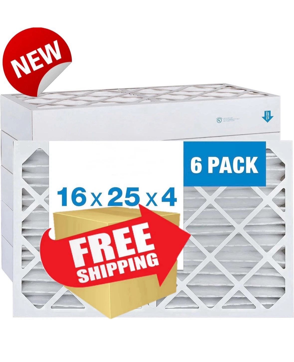 16x25x4 MERV 8 Pleated AC & Furnace Air Filters,HVAC,MPR 800,FPR 5,NEW,6-PACK