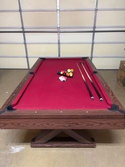 Pool Table with Balls and Cues, and chalk