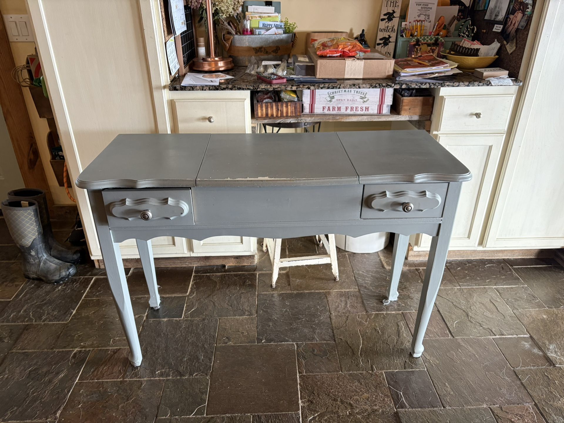 Gray Vanity Desk With Stool