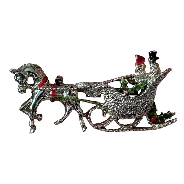 Vintage Christmas Horse Drawn Carriage Holiday Pin Brooch by Gerrys