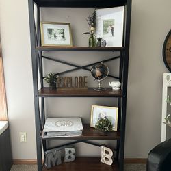 Wood & Metal Desk, Book Shelf and Stool