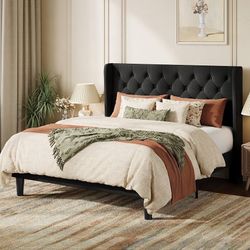 Full Size Upholstered Platform Bed Frame with Fabric Diamond Deluxe Wingback Headboard, Black
