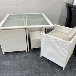 White Wicker Outdoor Patio Dinning Game Table Set With 8 Seating 