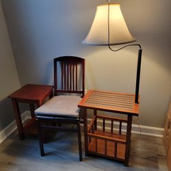 Bundle: nightstand or end table, reading table, and foldable wooden chair