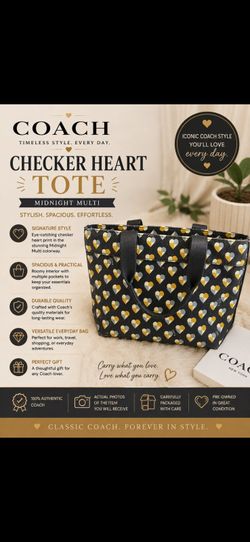 Coach Tote Checker Heart Print Midnight Multi (Style F25917)