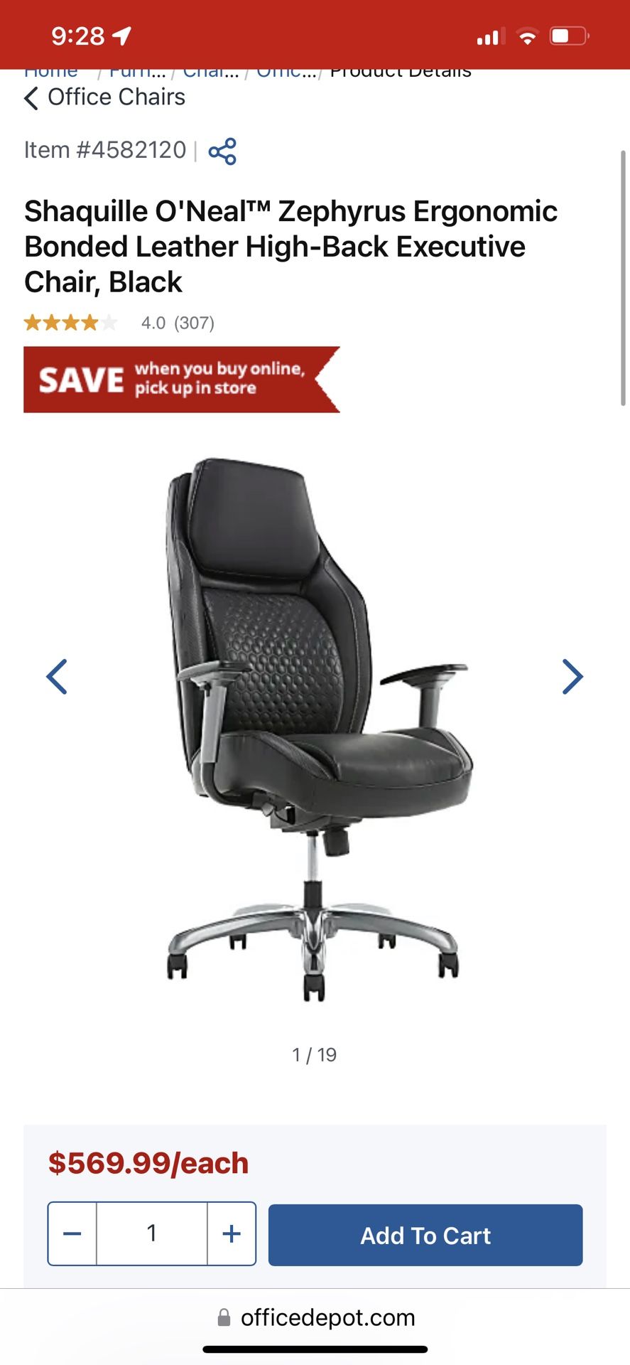 Shaquille O'Nealâ„¢ Zephyrus Ergonomic Bonded Leather High-Back Executive Chair, Black