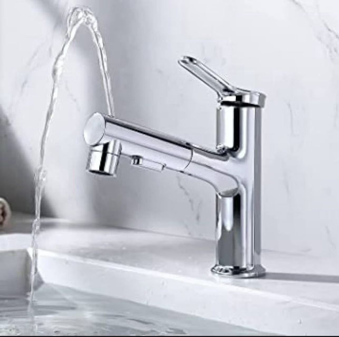 Bathroom Sink Faucet with Pull Down Sprayer Dual Mode hot and Cold Single Handle Retractable Single Hole Pull-Out faucets Basin Mixer Tap,Long(Short)
