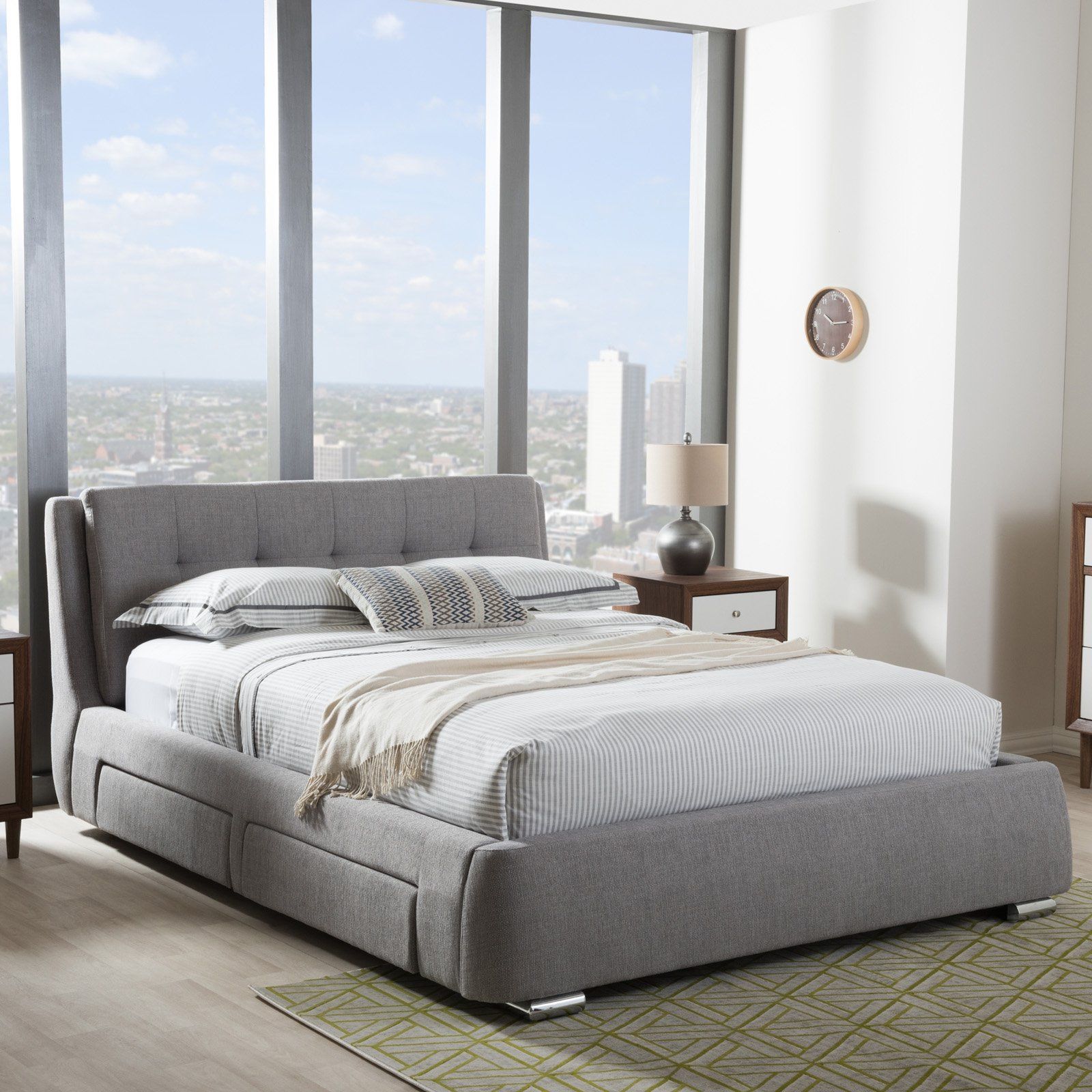 KING SIZE Baxton Studio Camile Contemporary Grey Fabric Upholstered 4-Drawer Storage Platform Bed