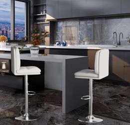 White Barstools Set of 2, Height-Adjustable Counter Bar Chairs Modern Square PU Leather Upholstered Dining Stools with Footrest for Kitchen Island Cof