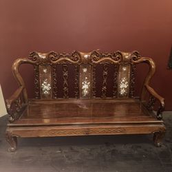 Antique Wooden Asian Bench and Chair Set with Mother of Pearl Design.