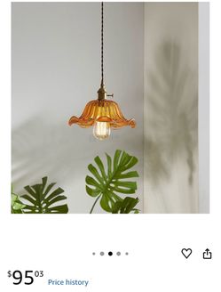 Vintage Glass Chandelier,Amber Shade Ceiling Hanging Lamp,Brass Striped Pendant Light,Pleated Petal Shape Droplight with Adjustable Cord