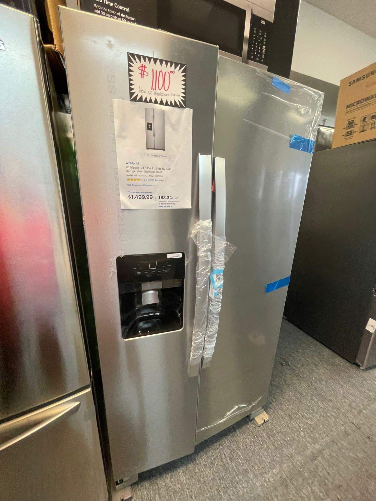 NEW SCRATCH AND DENT WHIRLPOOL STAINLESS STEEL SIDE BY SIDE FRIDGE WITH WARRANTY