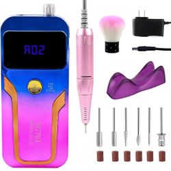 New 35000RPM Portable Rechargeable E-File Drill Machine Cordless Nail Drills for Acrylic Nails with 6 Bits Sanding Bands and Dust Brush for Nail Polis