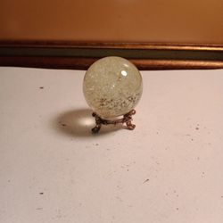Vintage 2 In.Round Crystal Ball On Brass Stand.Glows In The Dark
