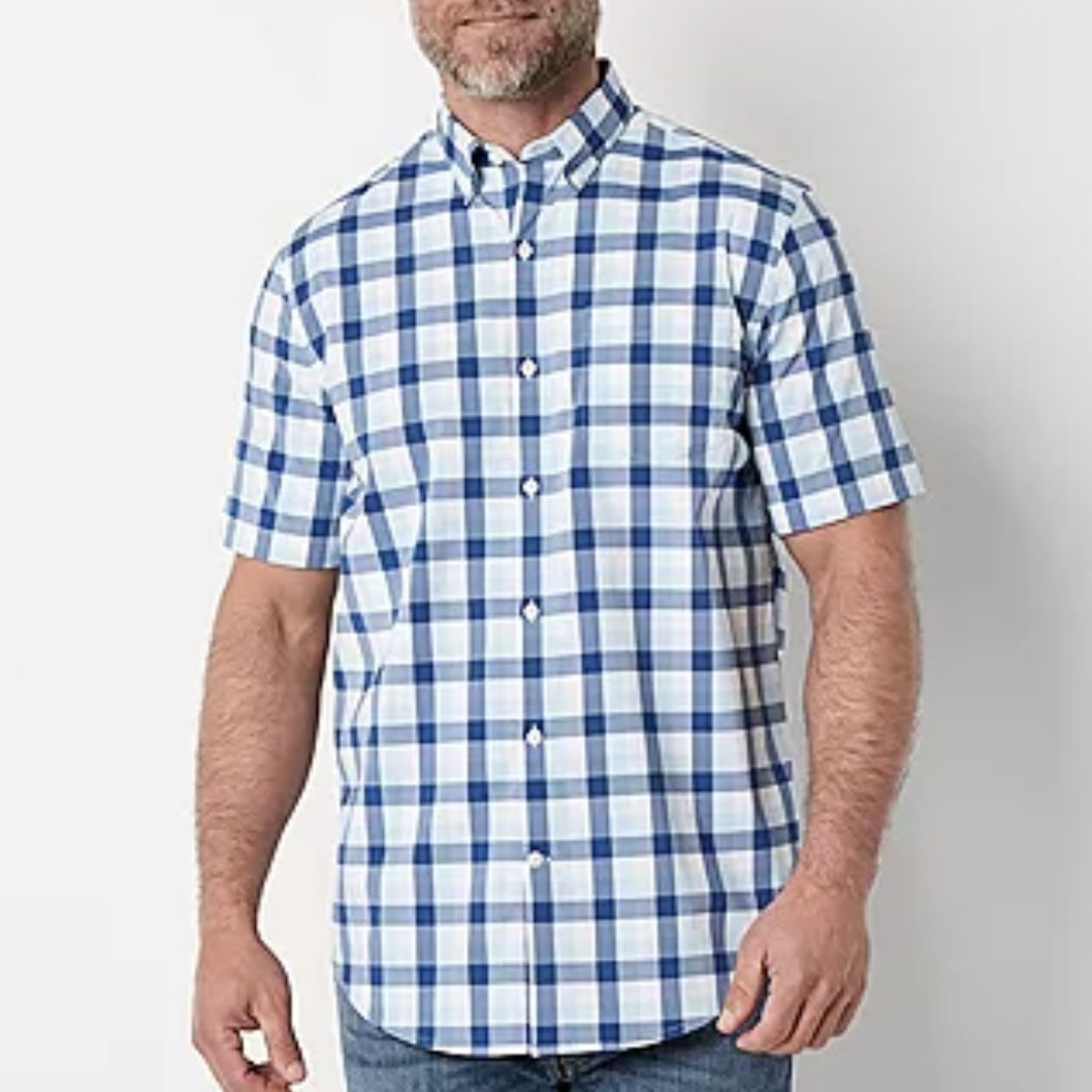 Van Heusen cotton plaid mens short sleeve blue shirt with floral neckline XXL